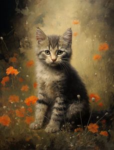 Chaton rayé parmi les fleurs orange