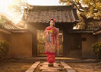 Zonnestralen op een Japanse Maiko in kimono.