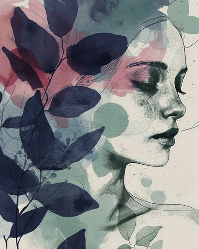 Botanisch portret in blauw, groen en roze