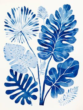 Feuilles de monstera en bleu de Delft sur Caroline Guerain