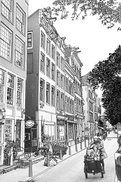 Dessin au stylo Bakfiets Kloveniersburgwal Amsterdam Pays-Bas Dessin au trait