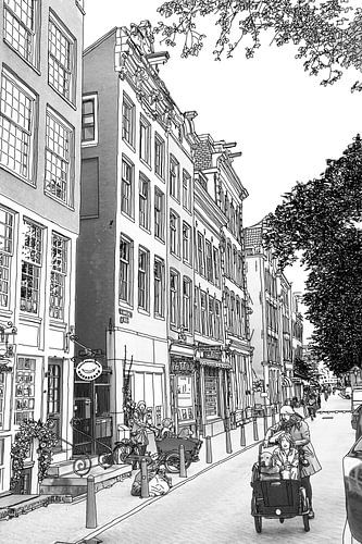 Dessin au stylo Bakfiets Kloveniersburgwal Amsterdam Pays-Bas Dessin au trait sur Hendrik-Jan Kornelis