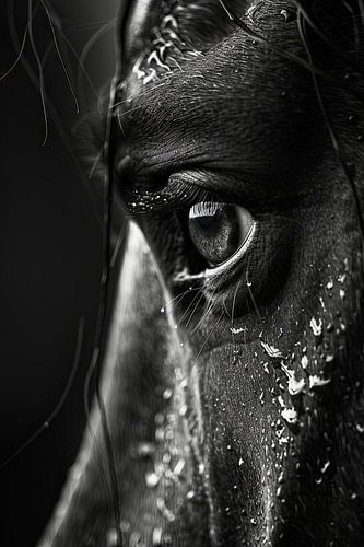 Close-up of a horse's eye in black and white