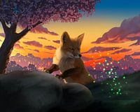 Vos treft vuurvliegjes aan tijdens zonsondergang