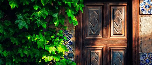 Wooden door with plants