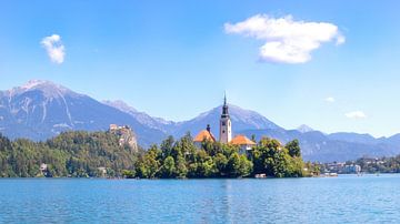 Bled island with church and Bled castle in the background