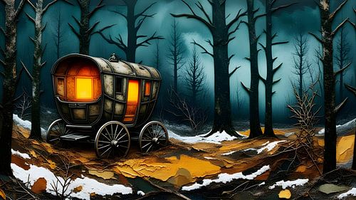 Woonwagen in het bos bij nacht