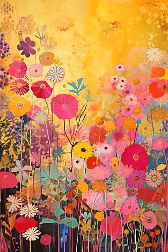 Bloemen fontein met gouden achtergrond