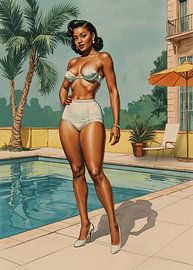 1950s Poolside Pin-Up, Retro Glamour Illustration of Elegant Woman in Swimsuit by Hecate Pim