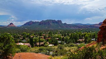 Valley of Sedona with green trees and red rocks nature landscape panorama by adventure-photos