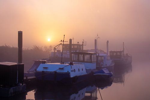 Een mistige zonsopkomst aan het water met mooie boten