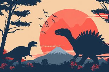 Silhouetten van dinos in prehistorisch landschap van Art & Soul Creations