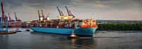 Enorm containerschip bij zonsondergang in de haven van Hamburg van Jonas Weinitschke thumbnail