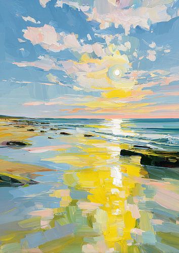 Zonnig strand - olieverfschilderij met reflecties