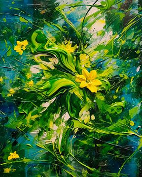 Abstracte gele bloemen met veel groen tinten van René van den Berg