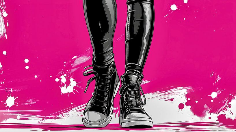 Schwarze Sneakers auf pinkem Hintergrund von Frank Heinz