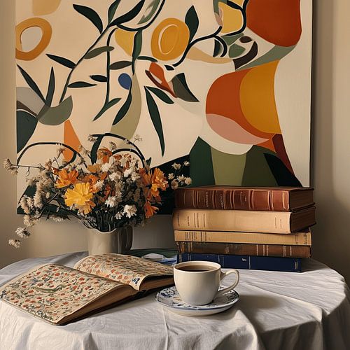 Stilleben mit Blumen und Büchern