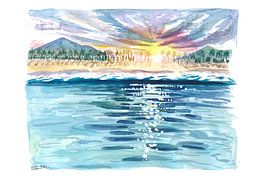 Vue du rivage sur la plage des eaux des Caraïbes avec des paillettes de soleil