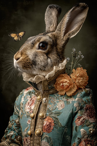 Hare with Butterfly – Elegant Portrait in Petrol