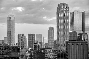 Rotterdam skyline during sunrise in black and white