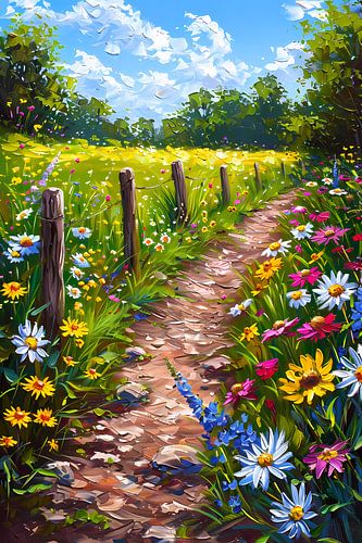 Schilderachtig bloemenpad in kleurrijk landschap