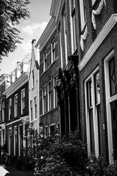 Fassaden der Hooglandse Kerkgracht Leiden schwarz und weiß von Nicolette Suijkerbuijk