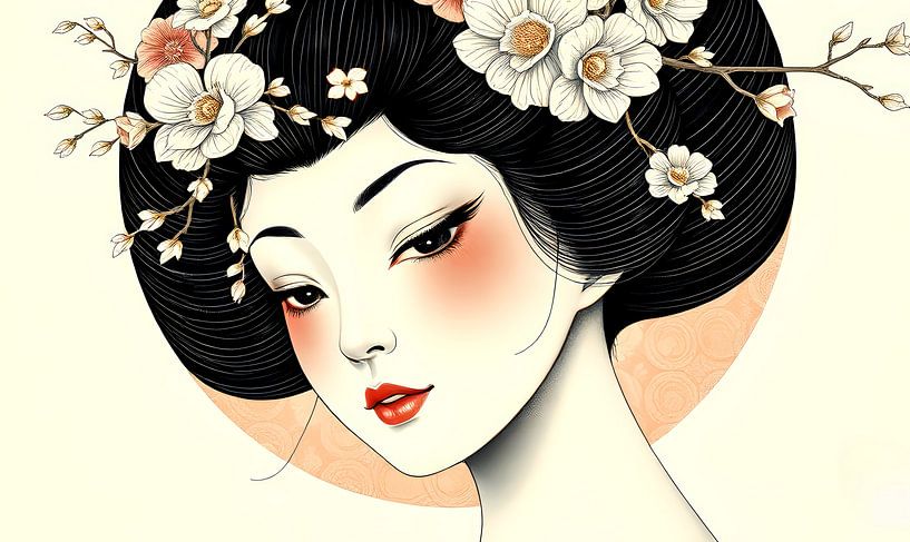 japanische moderne kunst frau mit blumen im haar von Egon Zitter