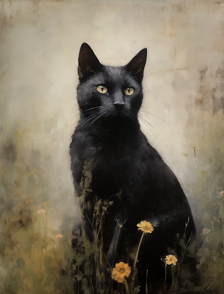 Zwarte Kater in het Gele Bloemenveld van Emil Husstege