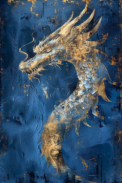 Japandi Dekorativ, Vintage-Drache in Königsblau und Gold von Lauri Creates