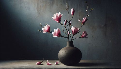 Branche de magnolia rose dans un vase globe sur Jessica Berendsen