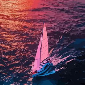 Twilight Sail | Pink Sailboat on Rough Indigo Ocean at Sunset by Artivisual