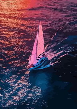 Voile crépusculaire - Voilier rose sur l'océan indigo au coucher du soleil