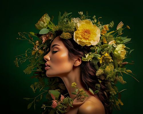 Portrait woman with flowers and green backdrop