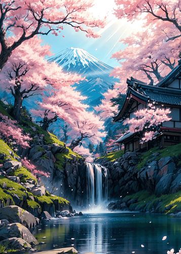 Japanische Sakura Kirschblüte Wasserfall See