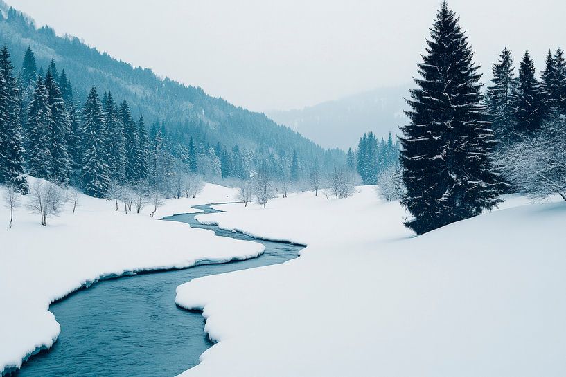 Winterliche Landschaft am Flussufer von Poster Art Shop