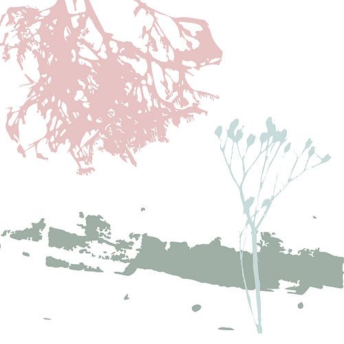 Blauw, roze, groen en wit. Zachte en tedere botanische kunst in pasteltinten.