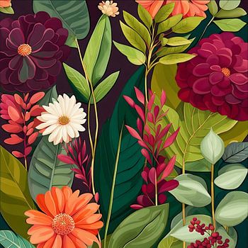 A Lush Flower Garden in Deep Autumnal Tones - Botanical Illustration