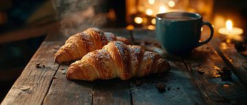 Warme croissant en koffie bij de open haard van Poster Art Shop