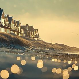Een rij huizen langs een sereen strand van Ariadna de Raadt-Goldberg