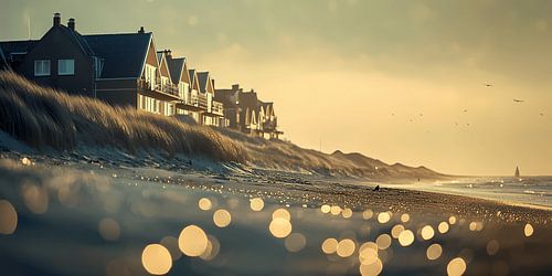 Een rij huizen langs een sereen strand