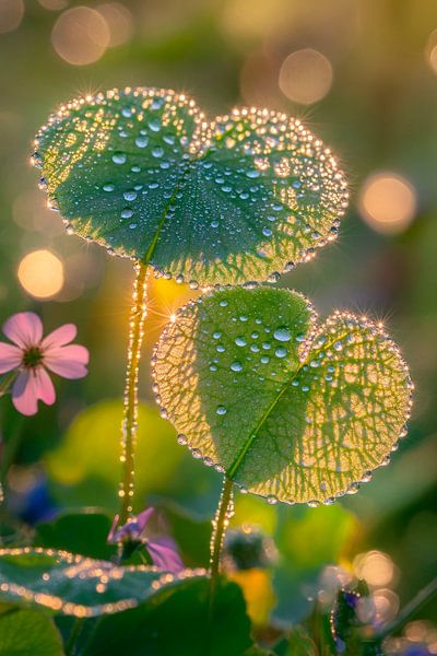 Feuilles ombrées de gouttes dans la lumière par Poster Art Shop