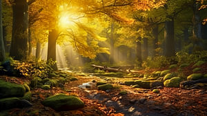 Sonnenstrahlen am Morgen in einem Herbstlichen Wald