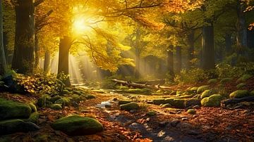 Sonnenstrahlen am Morgen in einem Herbstlichen Wald von Animaflora PicsStock