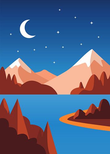 Le minimalisme des majestueuses montagnes enneigées et des rivières sous la lune