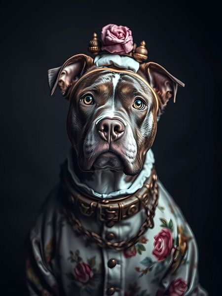 Pitbull dog in floral clothes by haroulita
