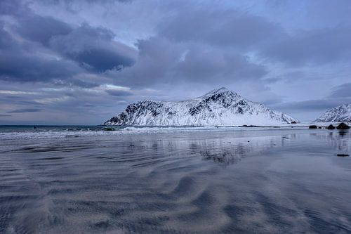 Reflections on Skagsanden Beach, Flakstad, Lofoten, Norway