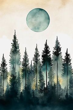 aquarelle lune bleue dans la forêt sur haroulita