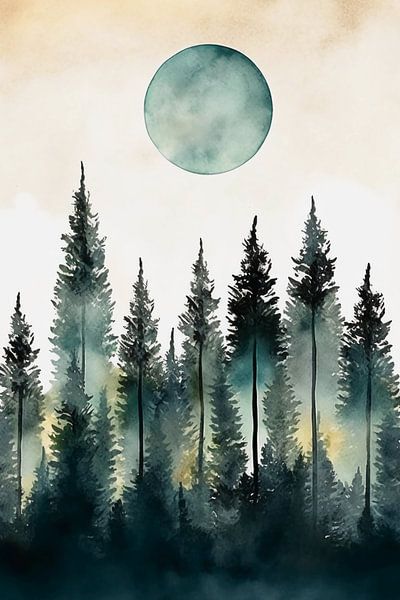 watercolor blue moon in the forest by haroulita