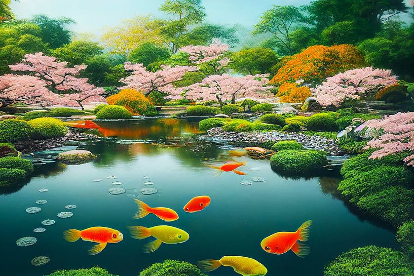 Illustration d'un étang de jardin japonais avec des poissons rouges par Animaflora PicsStock