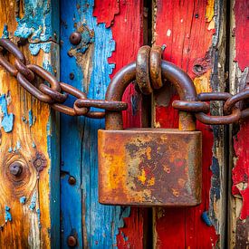 Close-up of an old, rusty padlock and a chain by Mustafa Kurnaz